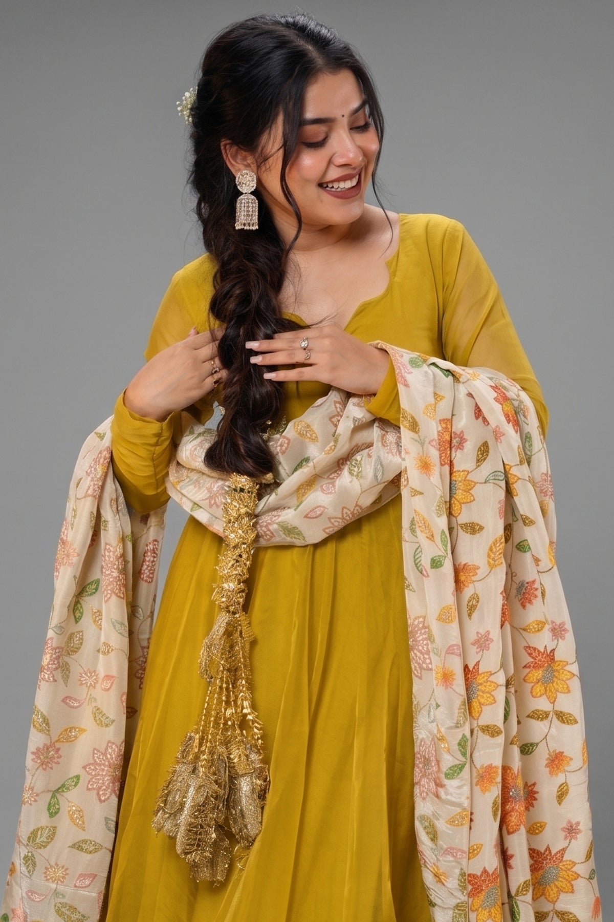 Chartreuse Yellow Crepe Silk Anarkali Gown with Floral Printed Dupatta
