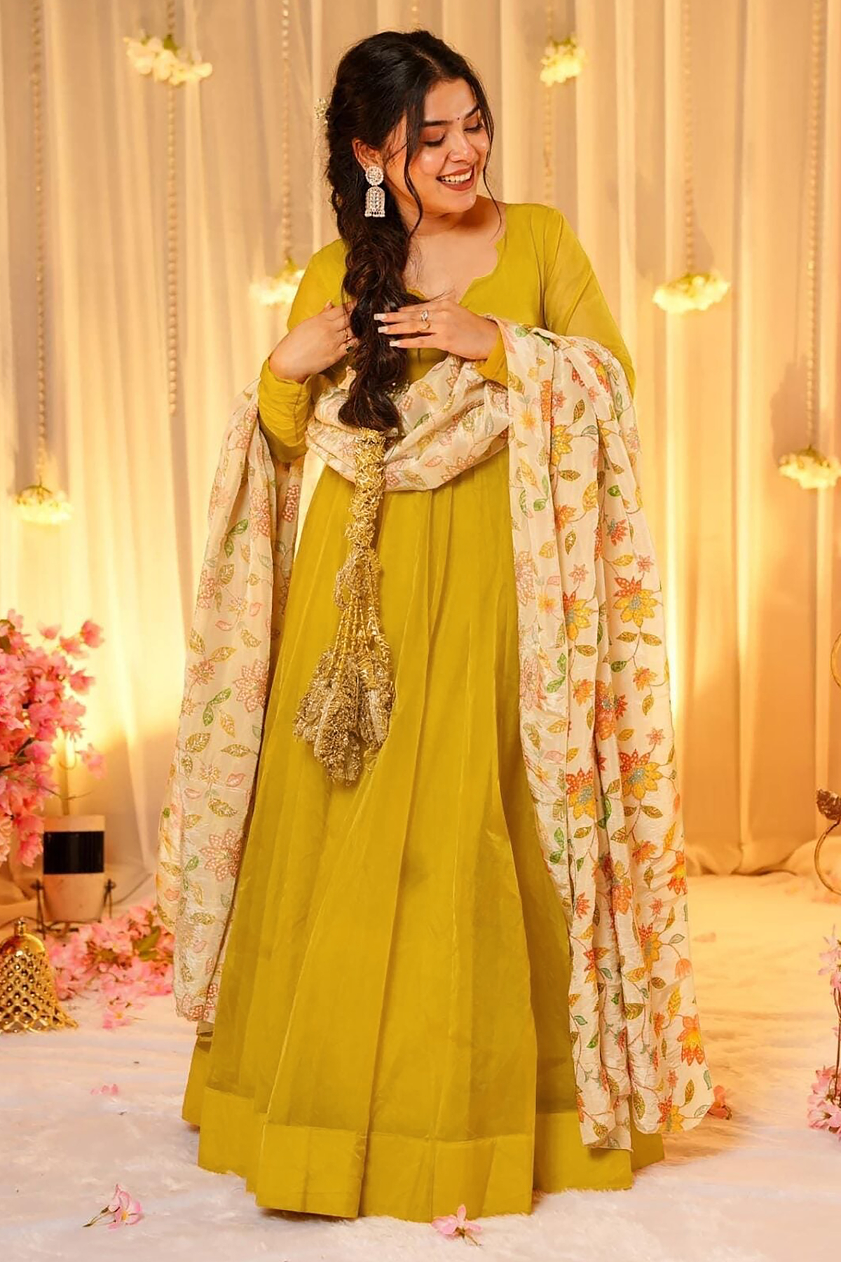 Chartreuse Yellow Crepe Silk Anarkali Gown with Floral Printed Dupatta