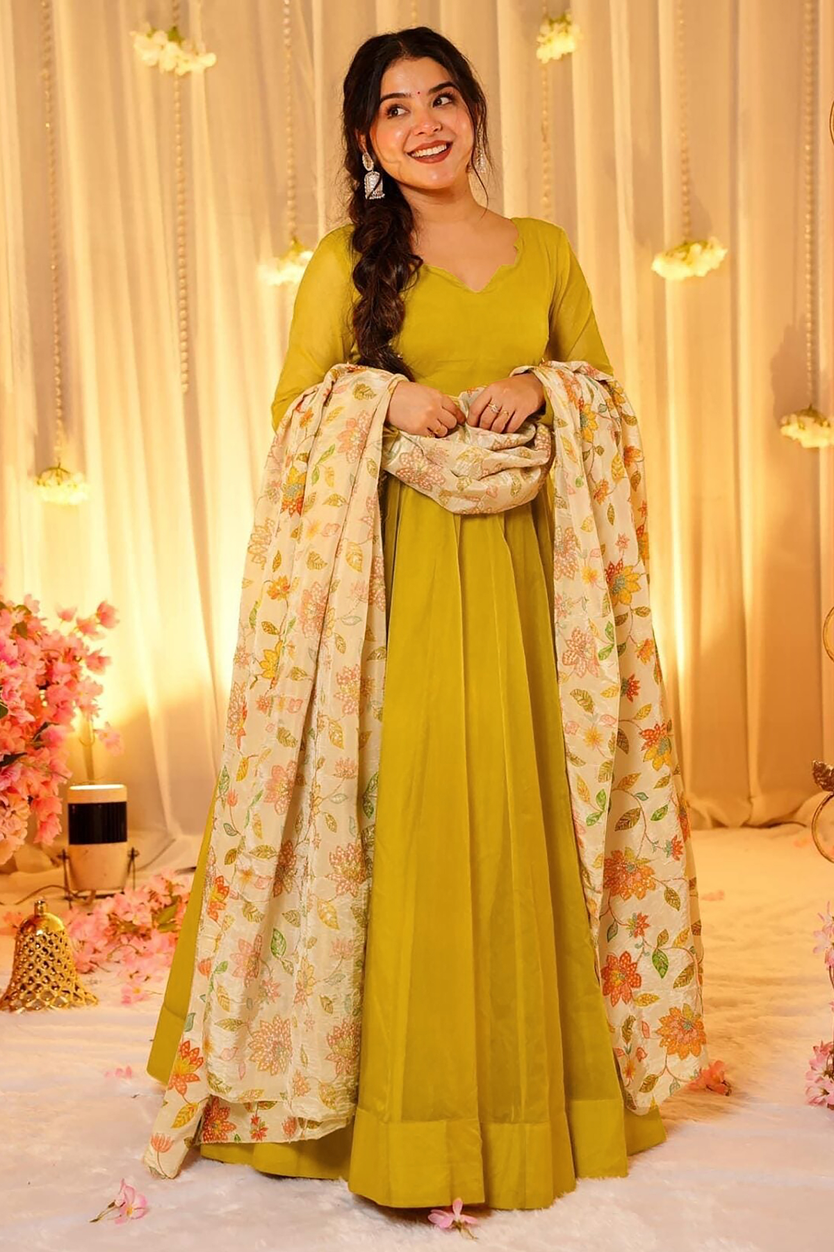 Chartreuse Yellow Crepe Silk Anarkali Gown with Floral Printed Dupatta
