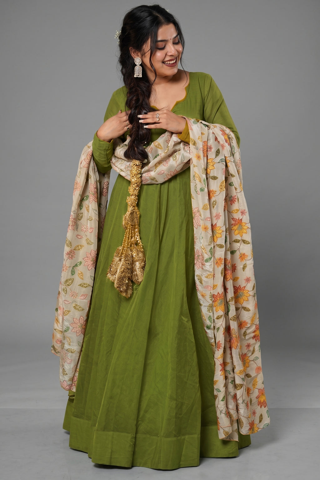Mehendi Green Crepe Silk Anarkali Gown with Floral Printed Dupatta