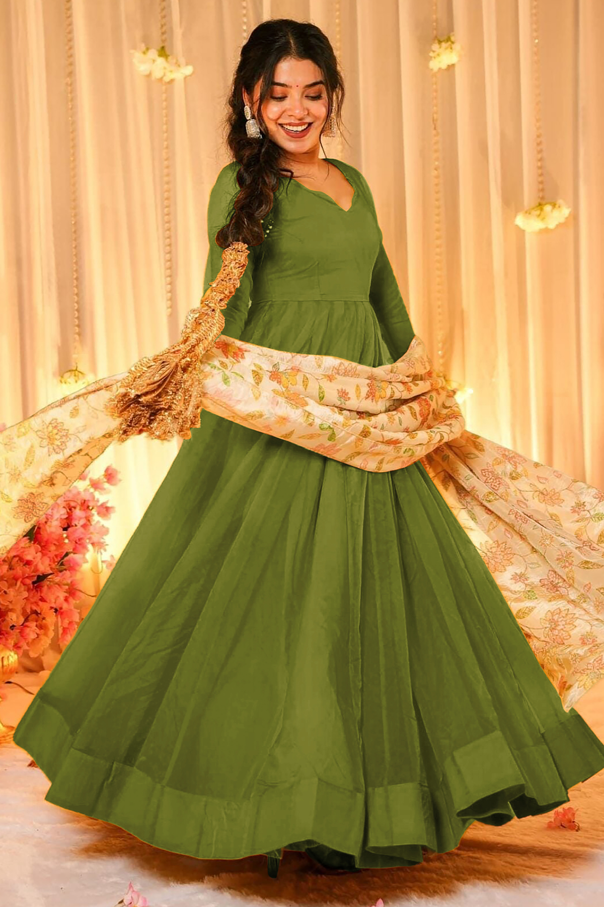 Mehendi Green Crepe Silk Anarkali Gown with Floral Printed Dupatta