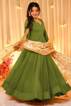 Mehendi Green Crepe Silk Anarkali Gown with Floral Printed Dupatta