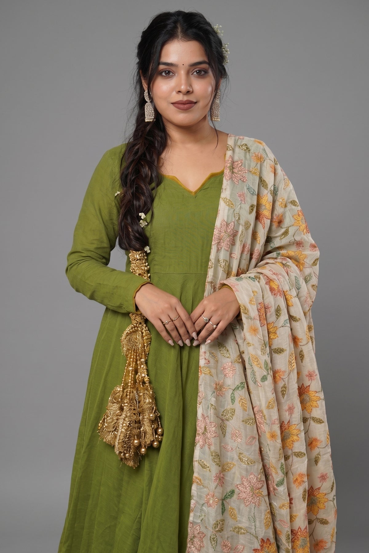 Mehendi Green Crepe Silk Anarkali Gown with Floral Printed Dupatta