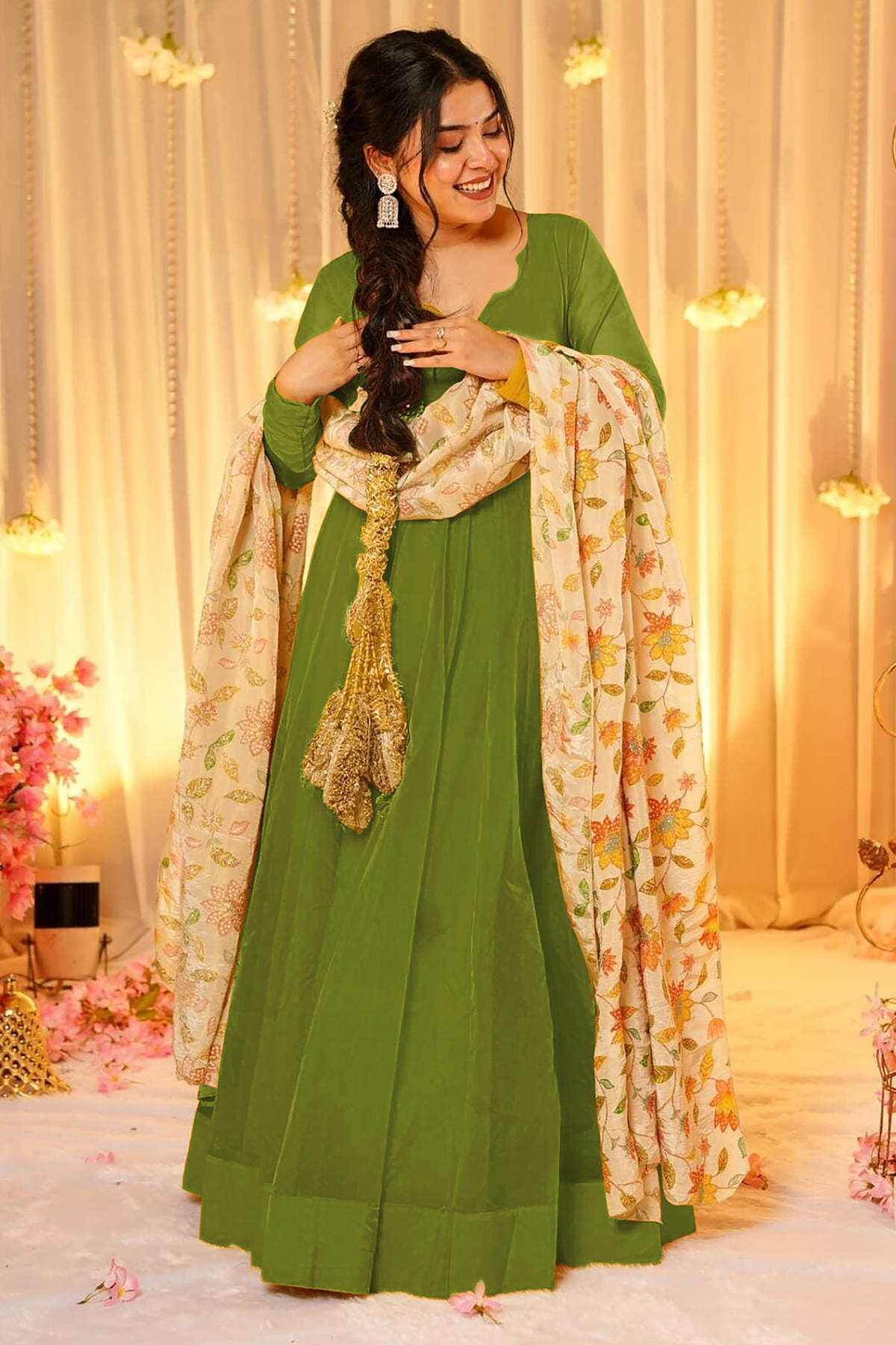 Mehendi Green Crepe Silk Anarkali Gown with Floral Printed Dupatta