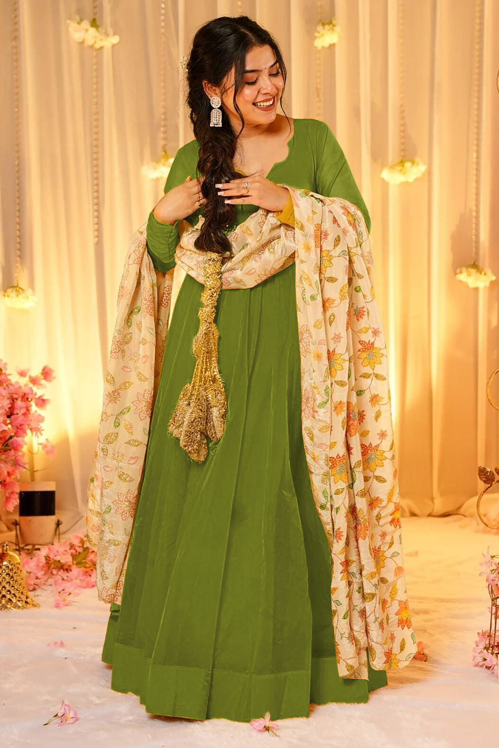 Mehendi Green Crepe Silk Anarkali Gown with Floral Printed Dupatta