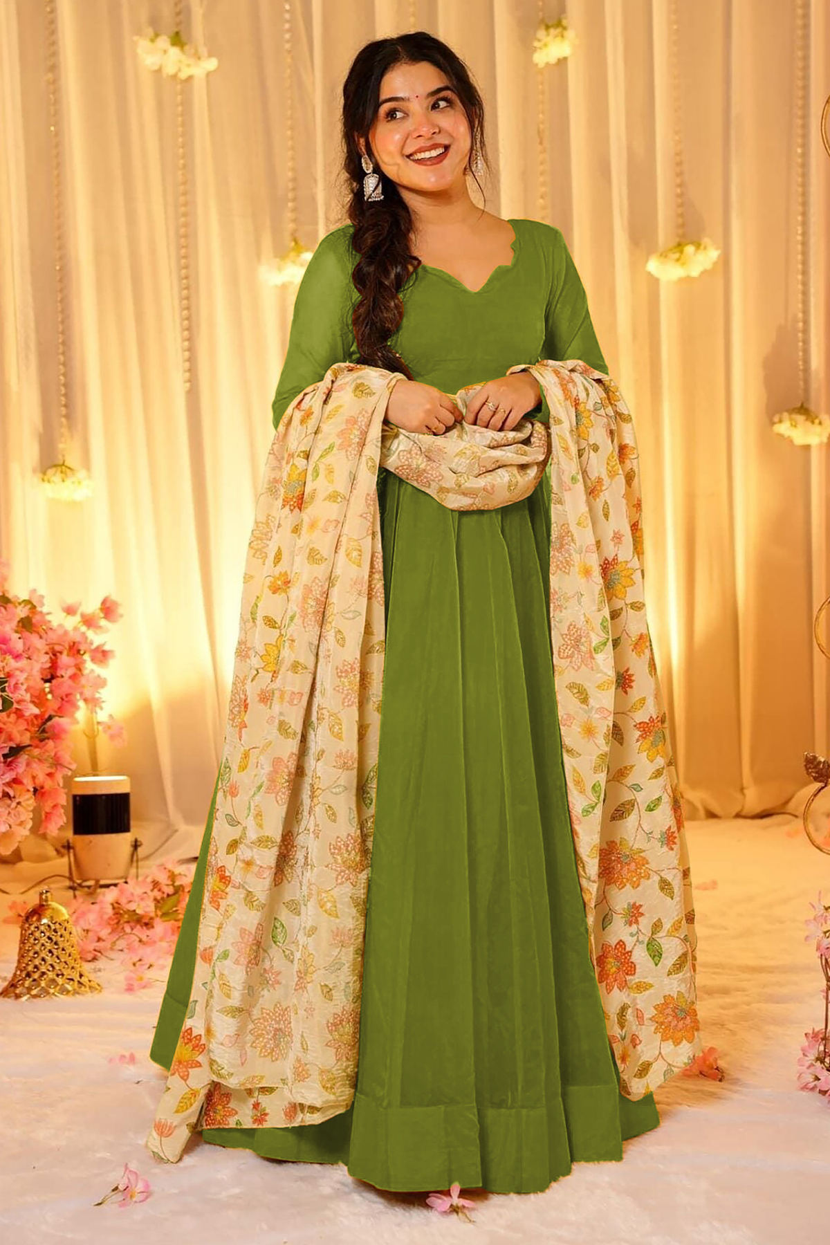 Mehendi Green Crepe Silk Anarkali Gown with Floral Printed Dupatta