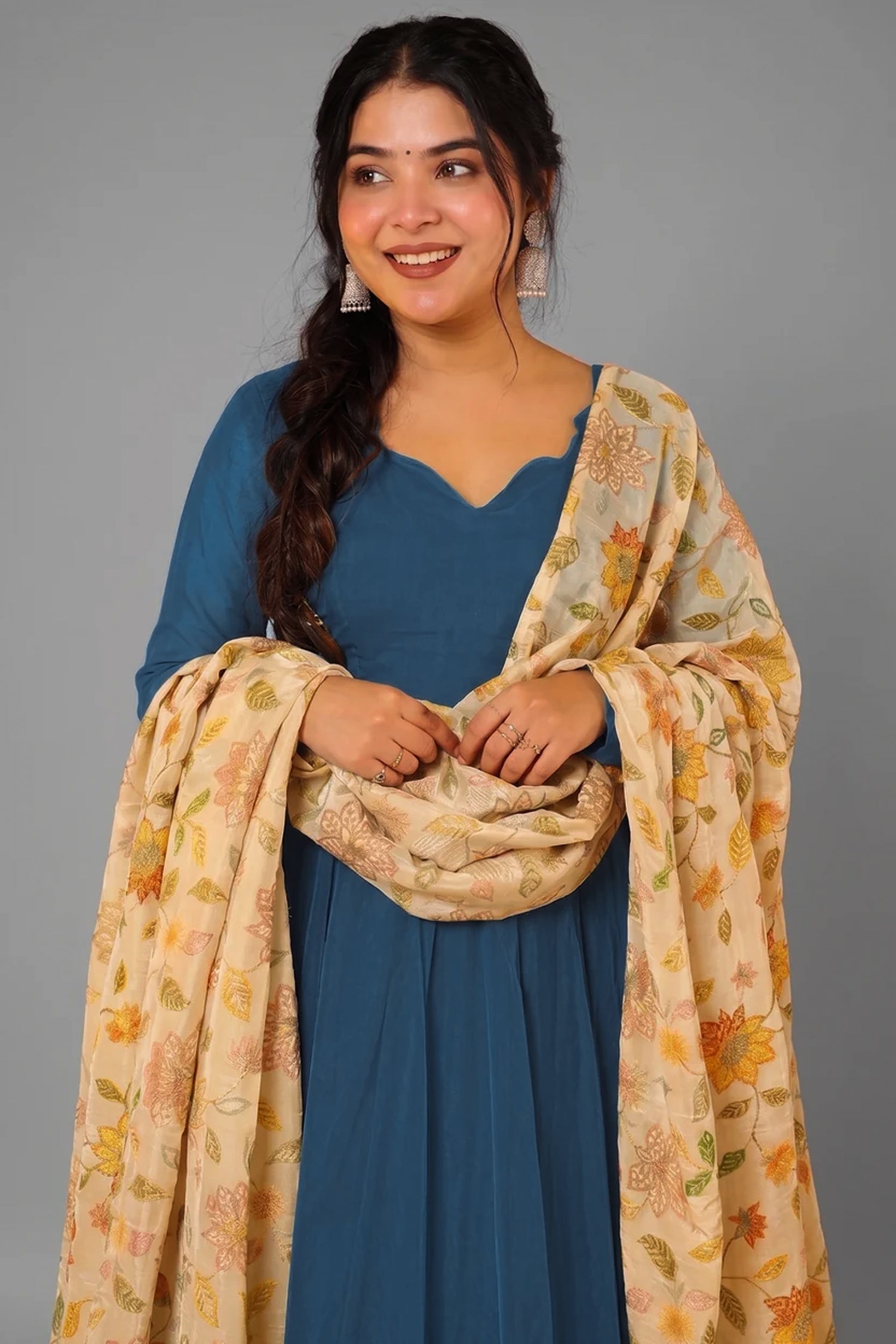 Peacock Teal Blue Crepe Silk Anarkali Gown with Floral Printed Dupatta Secondary image