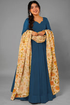 Peacock Teal Blue Crepe Silk Anarkali Gown with Floral Printed Dupatta
