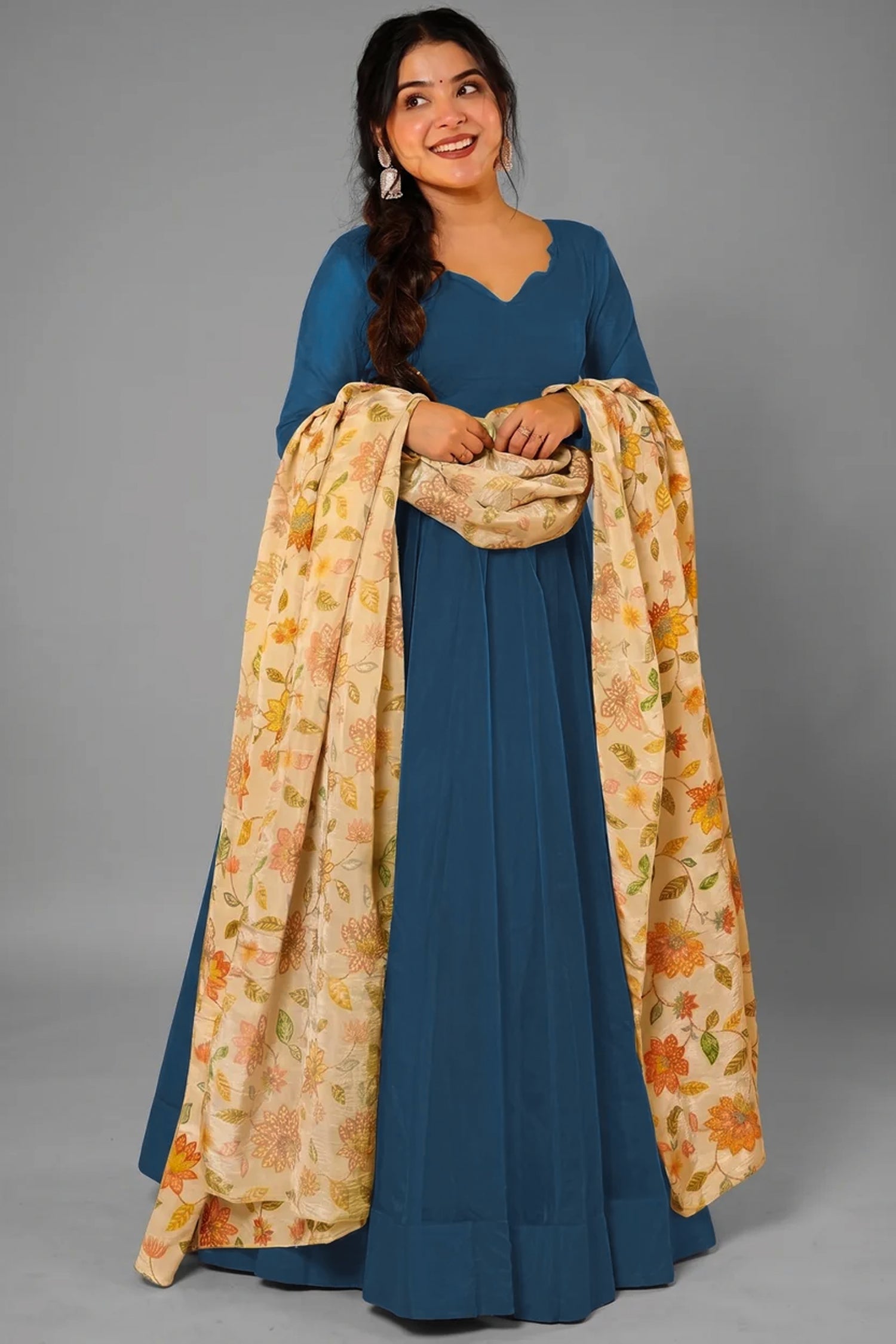 Peacock Teal Blue Crepe Silk Anarkali Gown with Floral Printed Dupatta