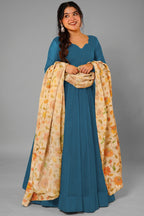 Peacock Teal Blue Crepe Silk Anarkali Gown with Floral Printed Dupatta