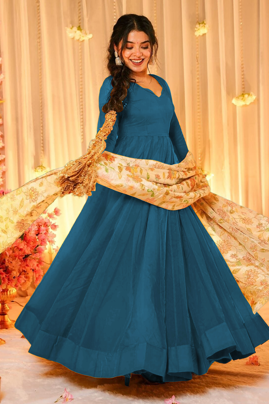 Peacock Teal Blue Crepe Silk Anarkali Gown with Floral Printed Dupatta