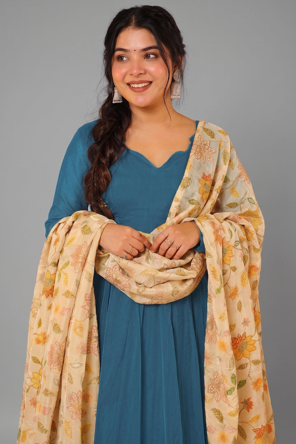 Peacock Teal Blue Crepe Silk Anarkali Gown with Floral Printed Dupatta