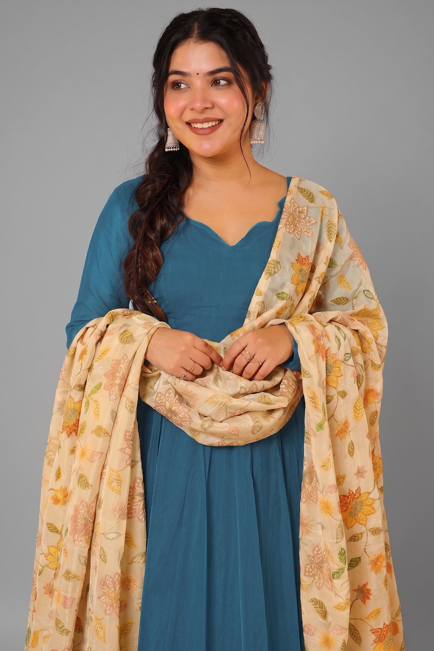 Peacock Teal Blue Crepe Silk Anarkali Gown with Floral Printed Dupatta