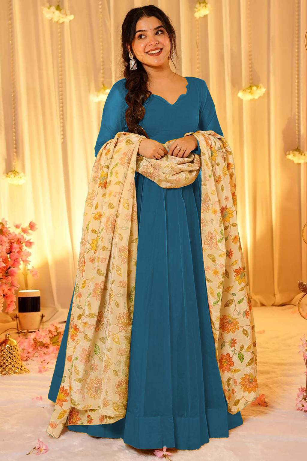 Peacock Teal Blue Crepe Silk Anarkali Gown with Floral Printed Dupatta