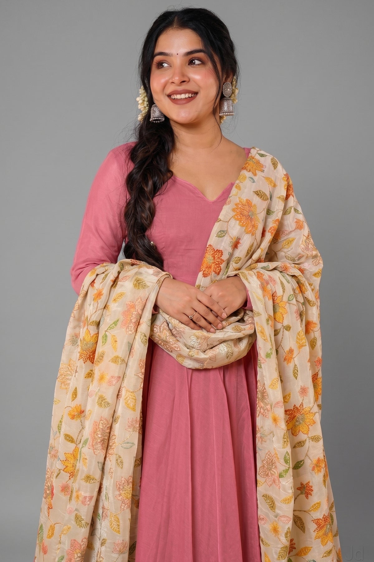 Dusty Rose Pink Crepe Silk Anarkali Gown with Floral Printed Dupatta