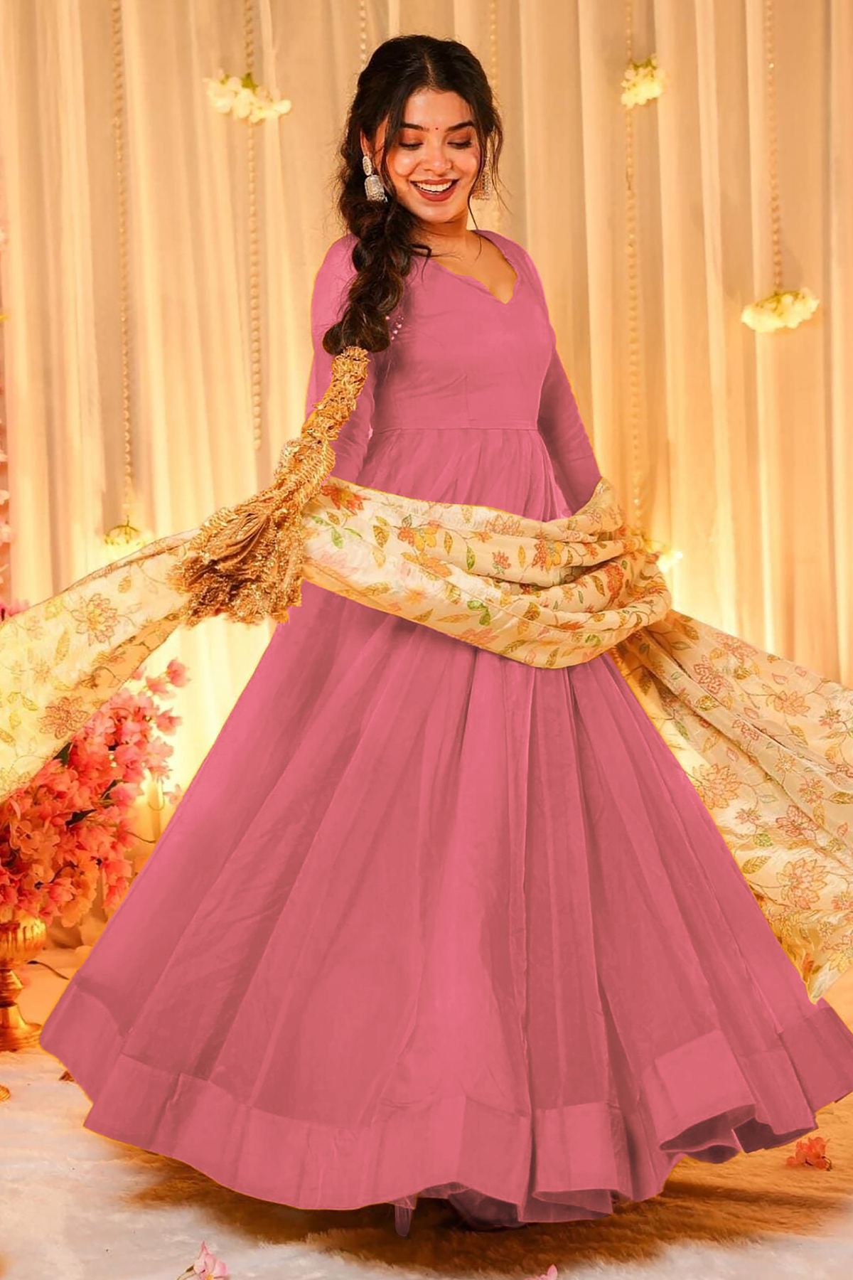 Dusty Rose Pink Crepe Silk Anarkali Gown with Floral Printed Dupatta