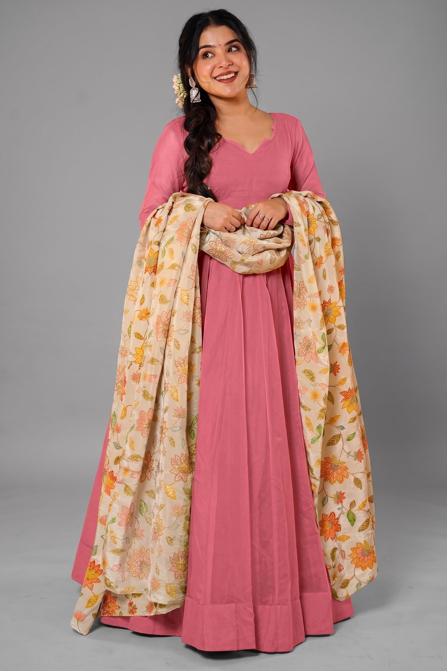 Dusty Rose Pink Crepe Silk Anarkali Gown with Floral Printed Dupatta