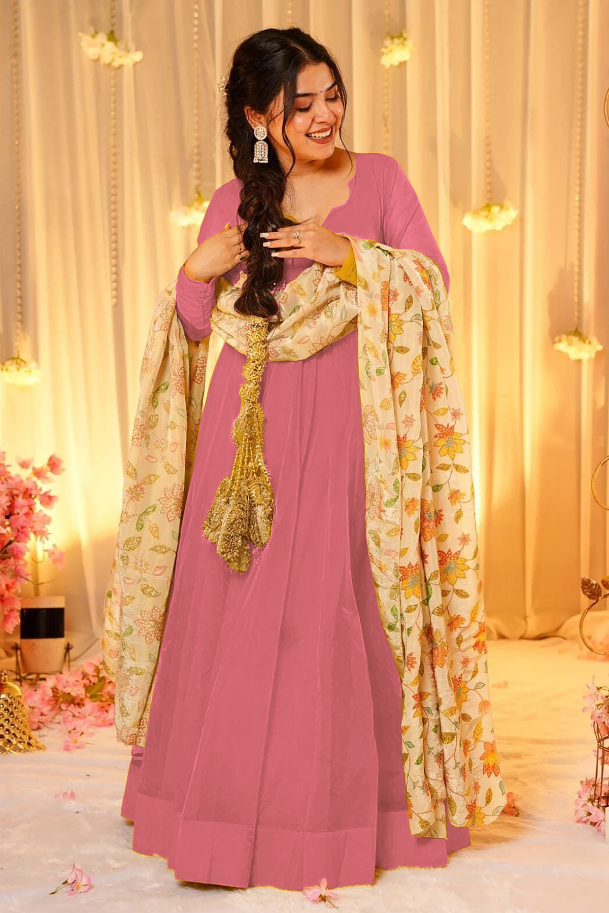Dusty Rose Pink Crepe Silk Anarkali Gown with Floral Printed Dupatta