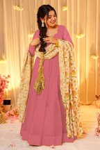 Dusty Rose Pink Crepe Silk Anarkali Gown with Floral Printed Dupatta
