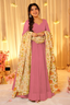 Dusty Rose Pink Crepe Silk Anarkali Gown with Floral Printed Dupatta