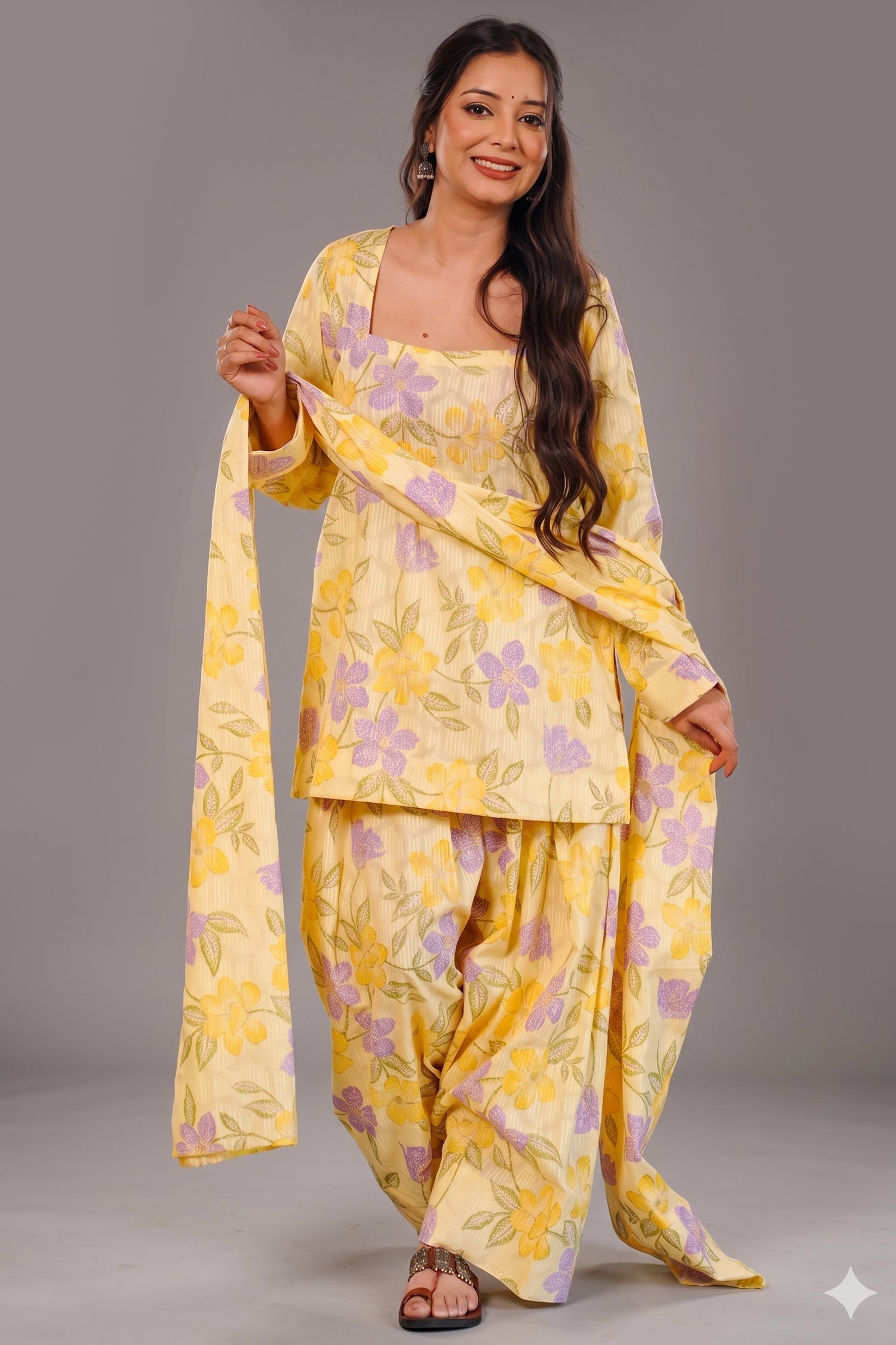 Pastel Yellow and Lavender Floral Printed Cotton Kurti Set Main image