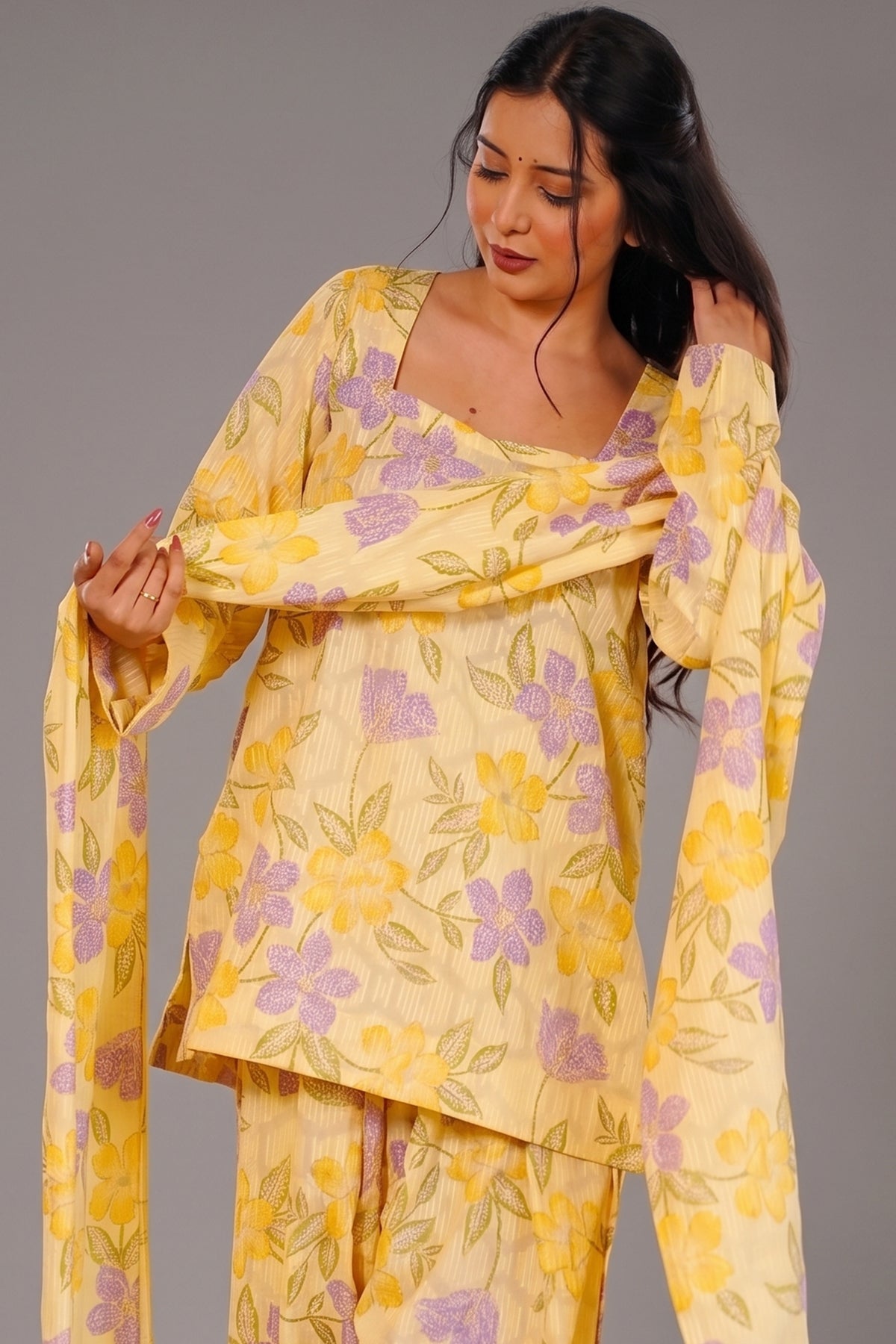 Pastel Yellow and Lavender Floral Printed Cotton Kurti Set