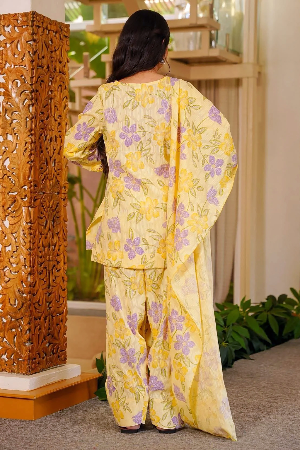 Pastel Yellow and Lavender Floral Printed Cotton Kurti Set
