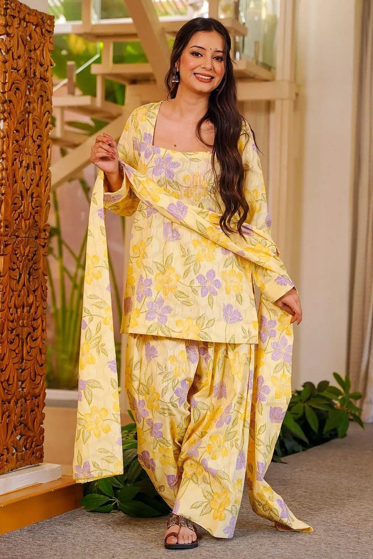 Pastel Yellow and Lavender Floral Printed Cotton Kurti Set