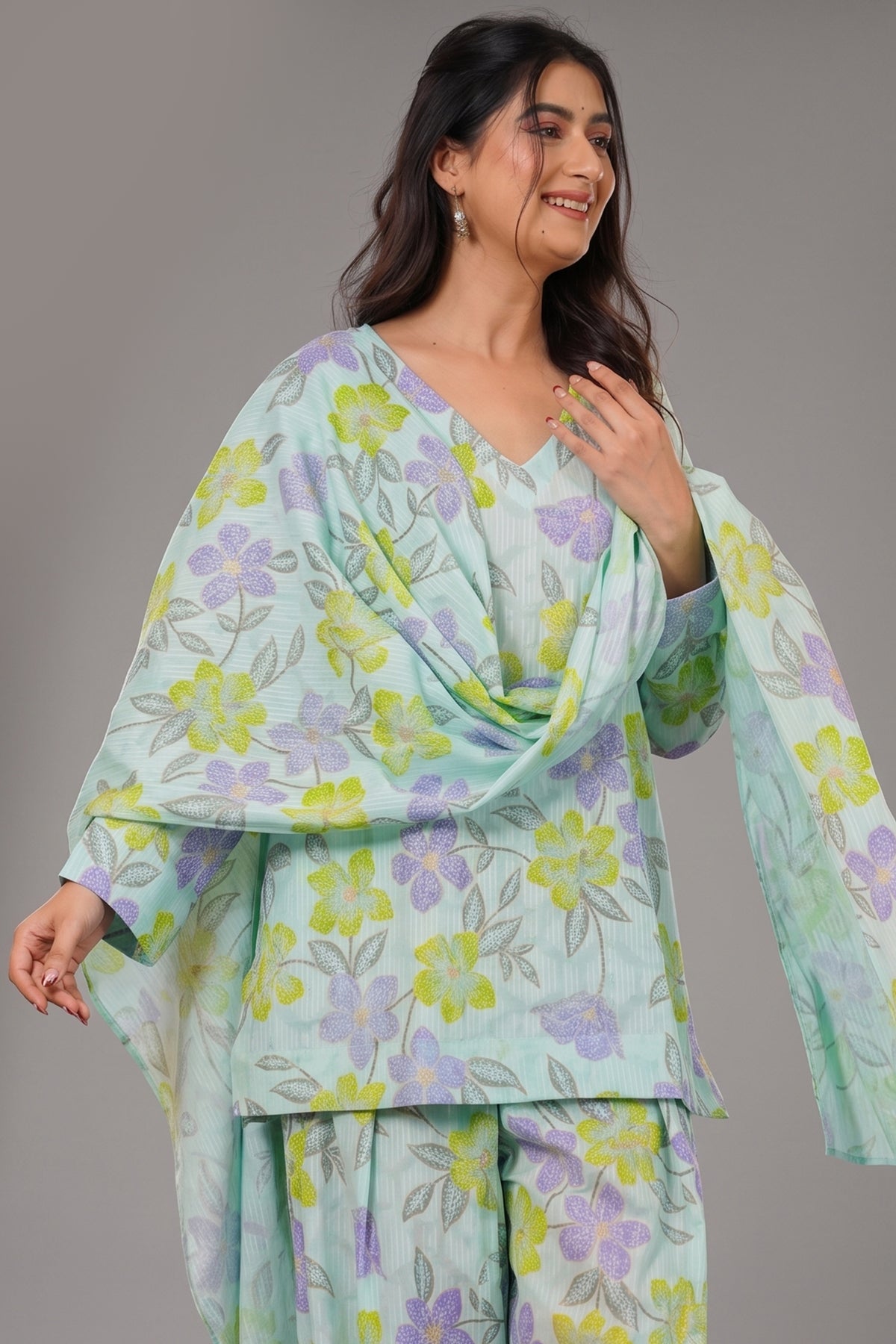 Mint Blue and Violet Floral Printed Cotton Kurti Set