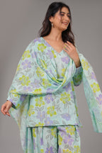 Mint Blue and Violet Floral Printed Cotton Kurti Set