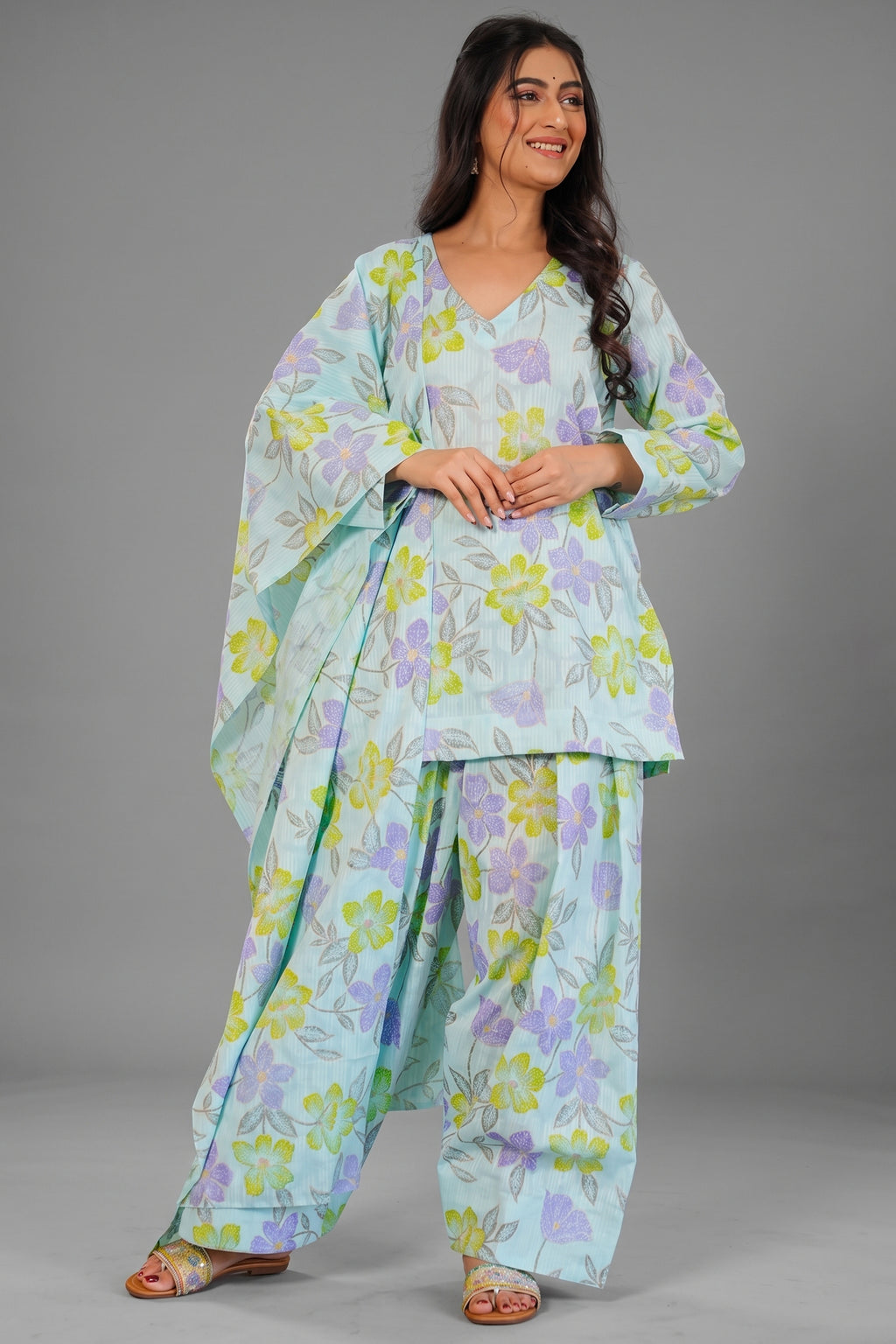Mint Blue and Violet Floral Printed Cotton Kurti Set