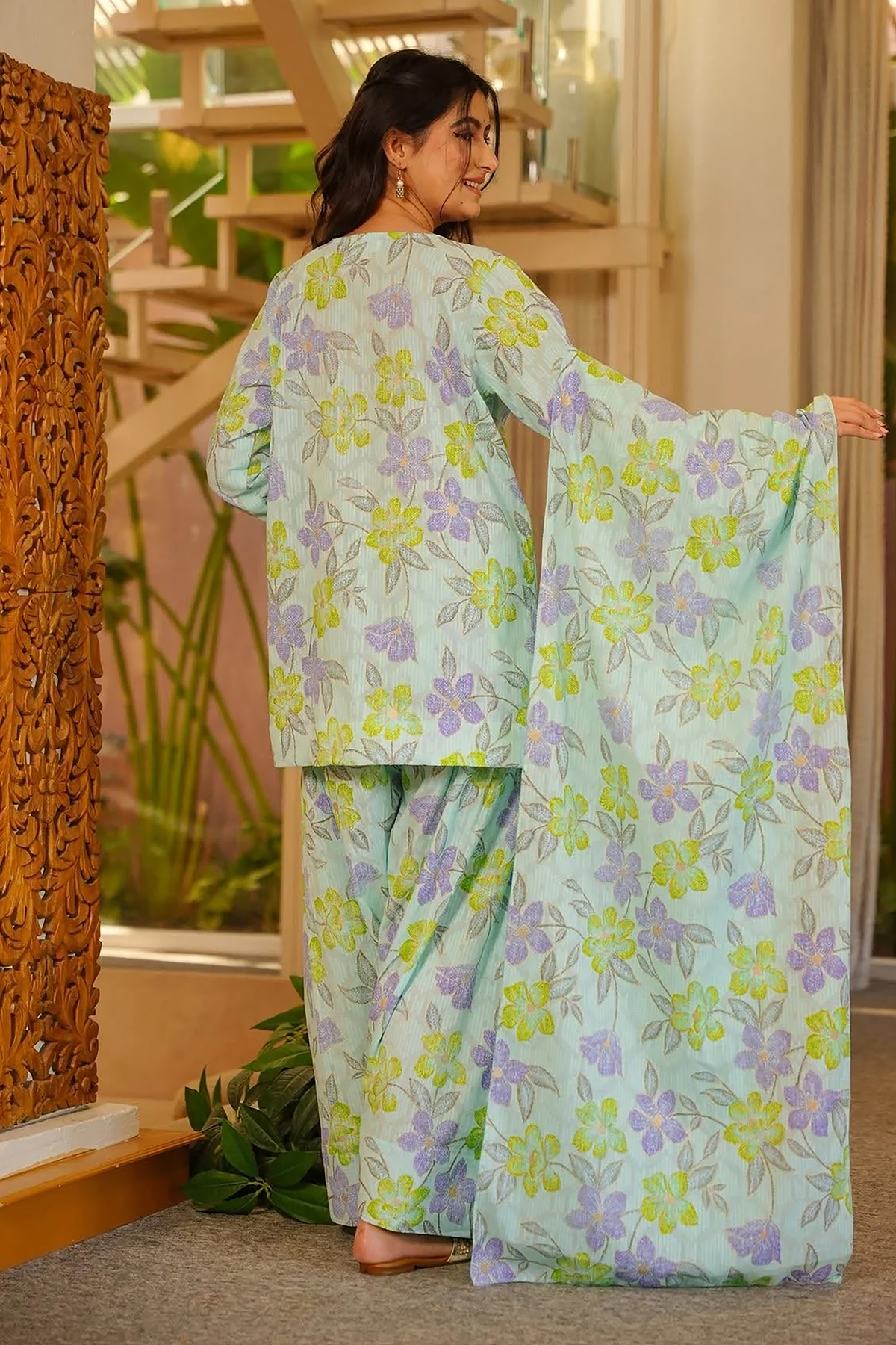 Mint Blue and Violet Floral Printed Cotton Kurti Set