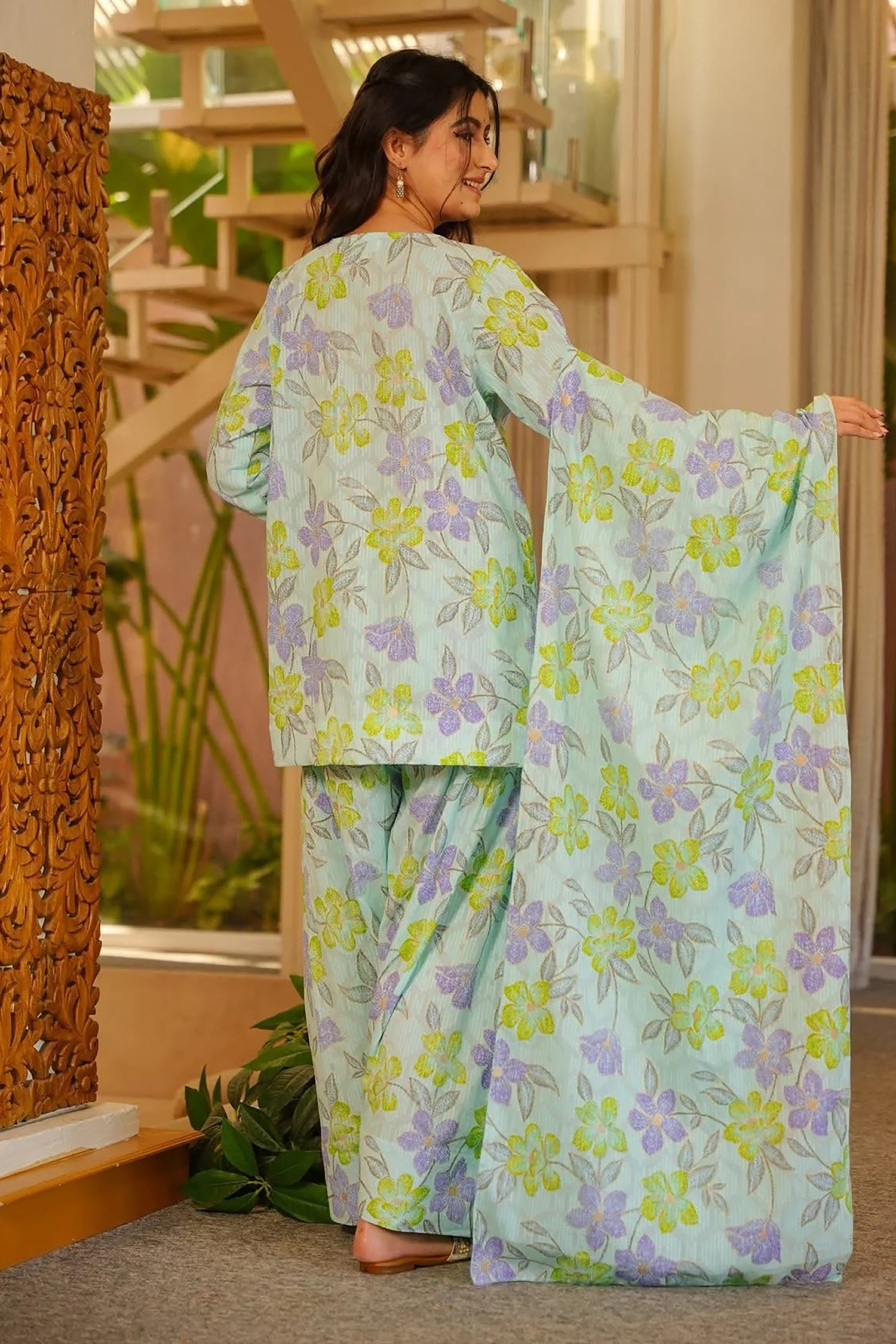 Mint Blue and Violet Floral Printed Cotton Kurti Set