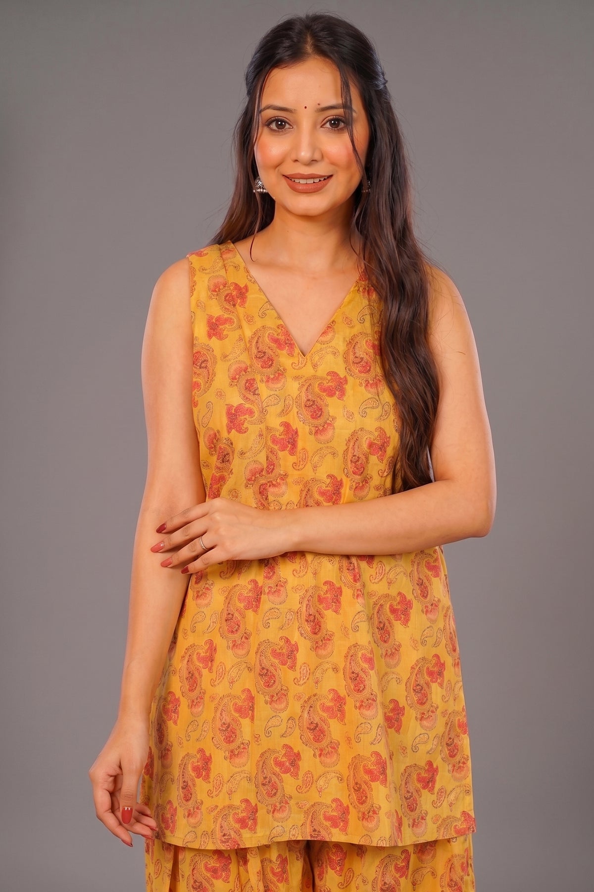 Mustard Yellow and Terracotta Paisley Printed Cotton Kurti Set