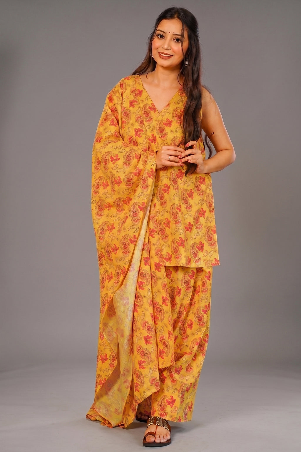 Mustard Yellow and Terracotta Paisley Printed Cotton Kurti Set