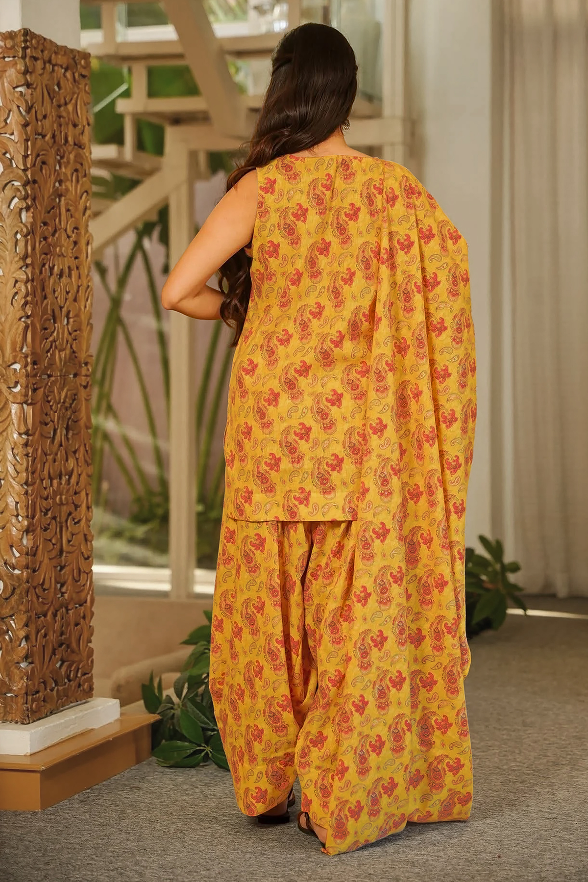 Mustard Yellow and Terracotta Paisley Printed Cotton Kurti Set