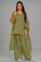 Olive Green Foliage Digital Printed Cotton Kurti Set