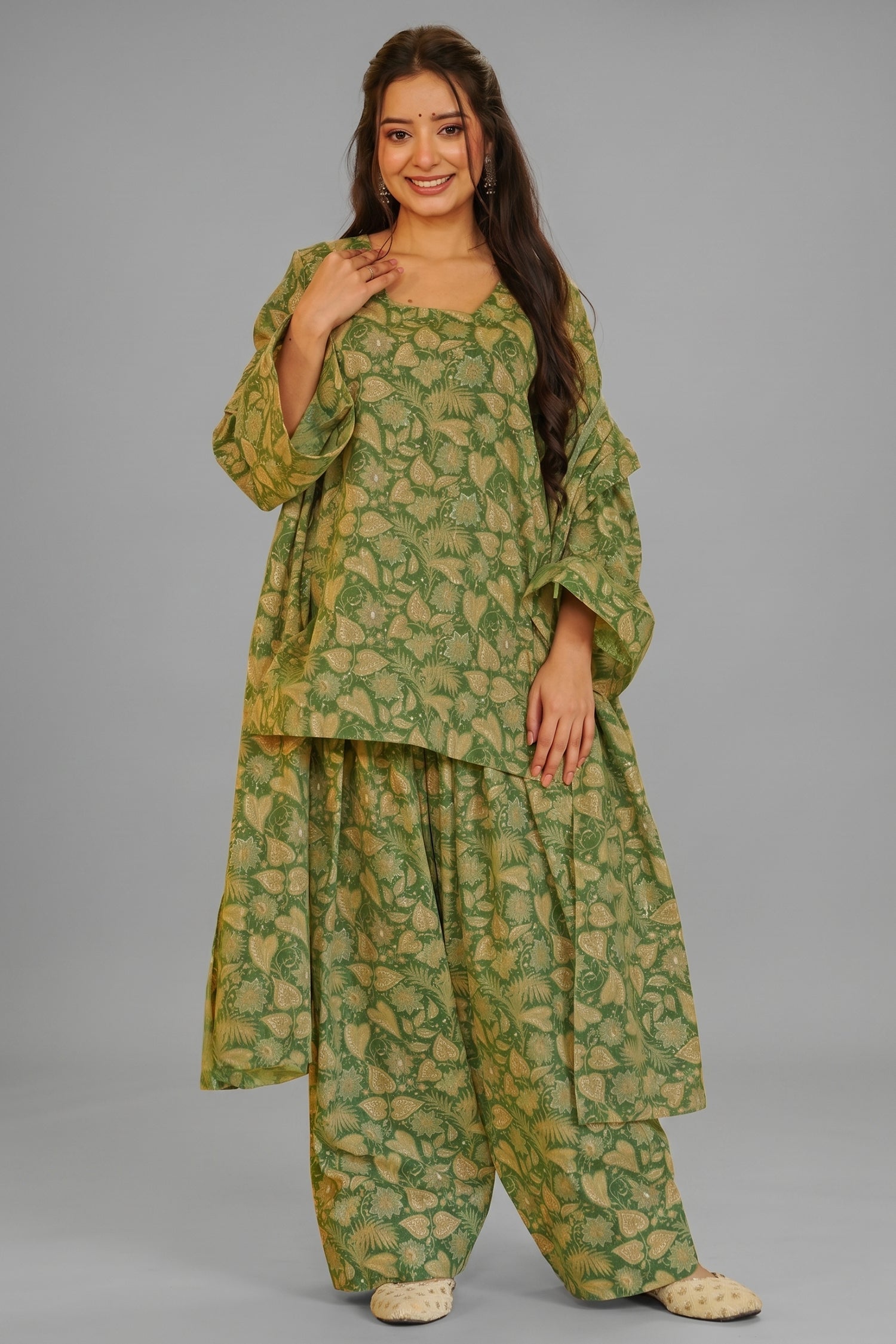 Olive Green Foliage Digital Printed Cotton Kurti Set