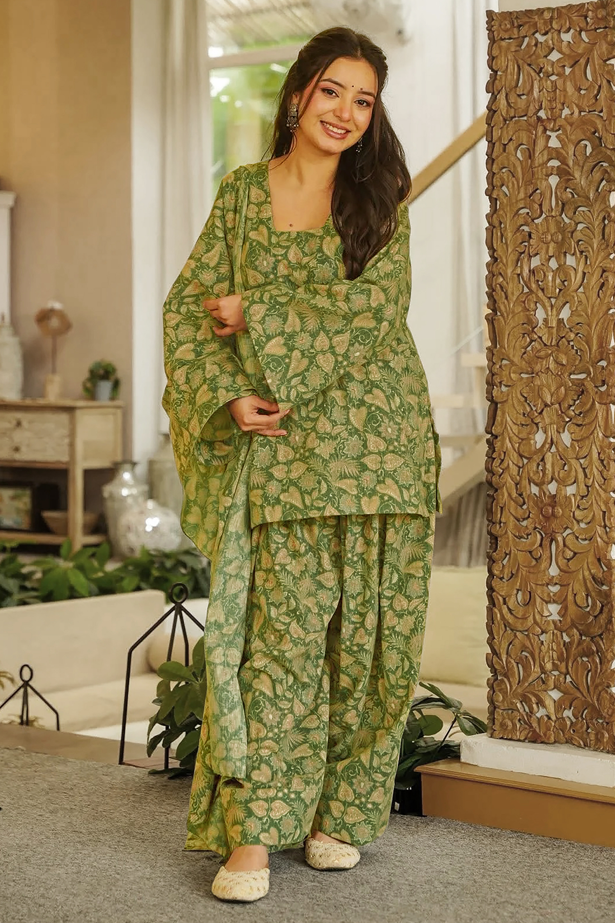 Olive Green Foliage Digital Printed Cotton Kurti Set