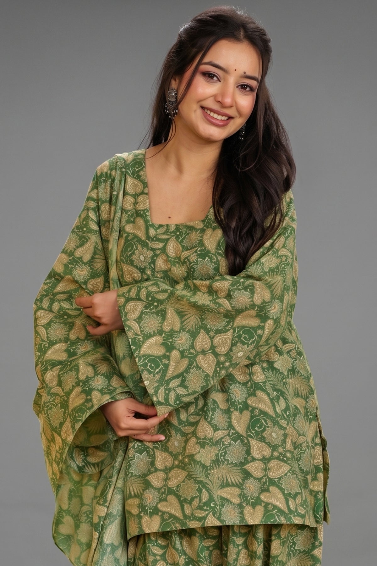 Olive Green Foliage Digital Printed Cotton Kurti Set