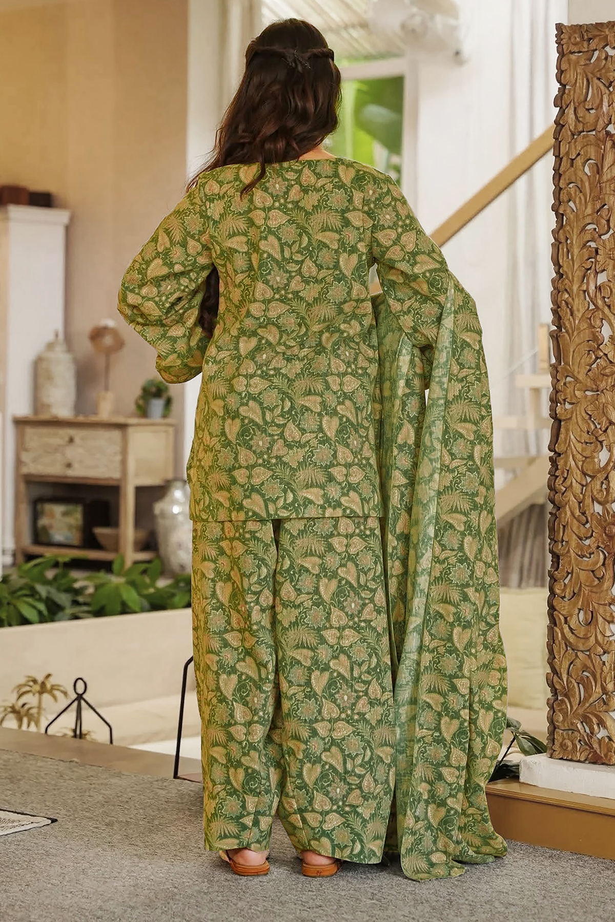 Olive Green Foliage Digital Printed Cotton Kurti Set