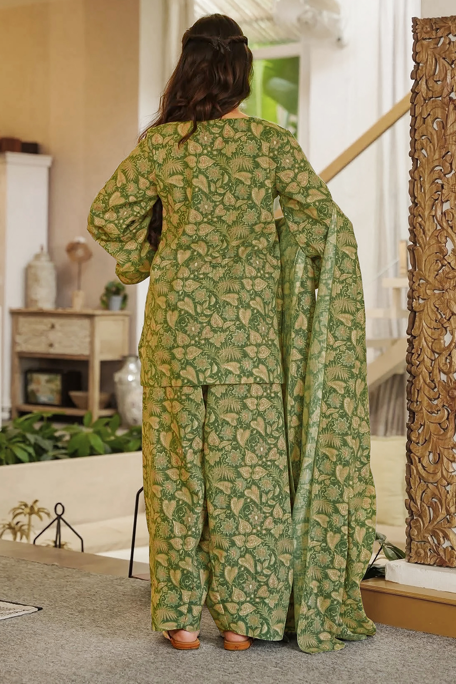 Olive Green Foliage Digital Printed Cotton Kurti Set