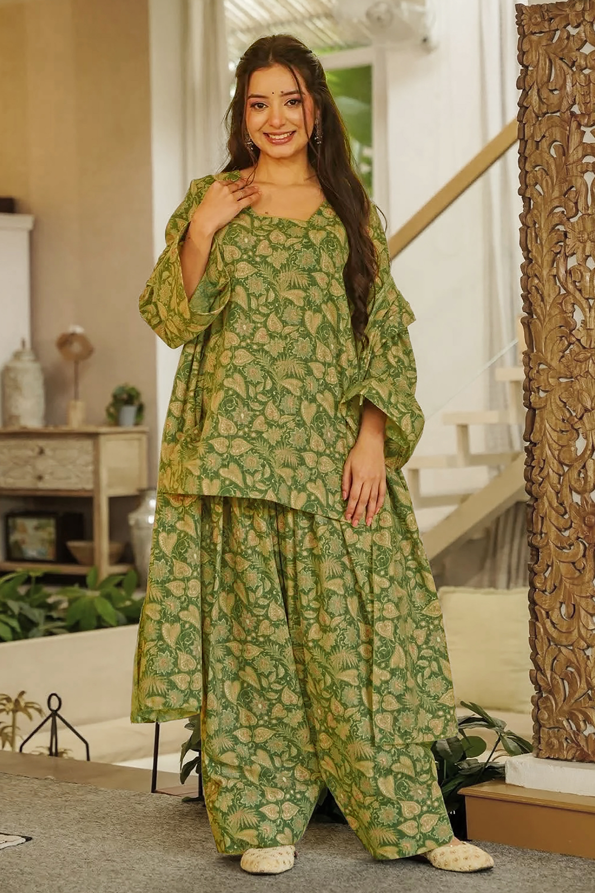 Olive Green Foliage Digital Printed Cotton Kurti Set