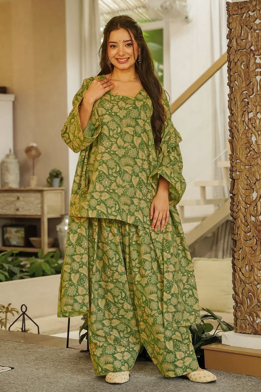 Olive Green Foliage Digital Printed Cotton Kurti Set