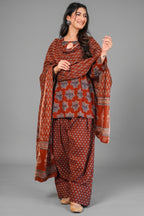 Rust Maroon Traditional Geometric Block Printed Cotton Kurta Set