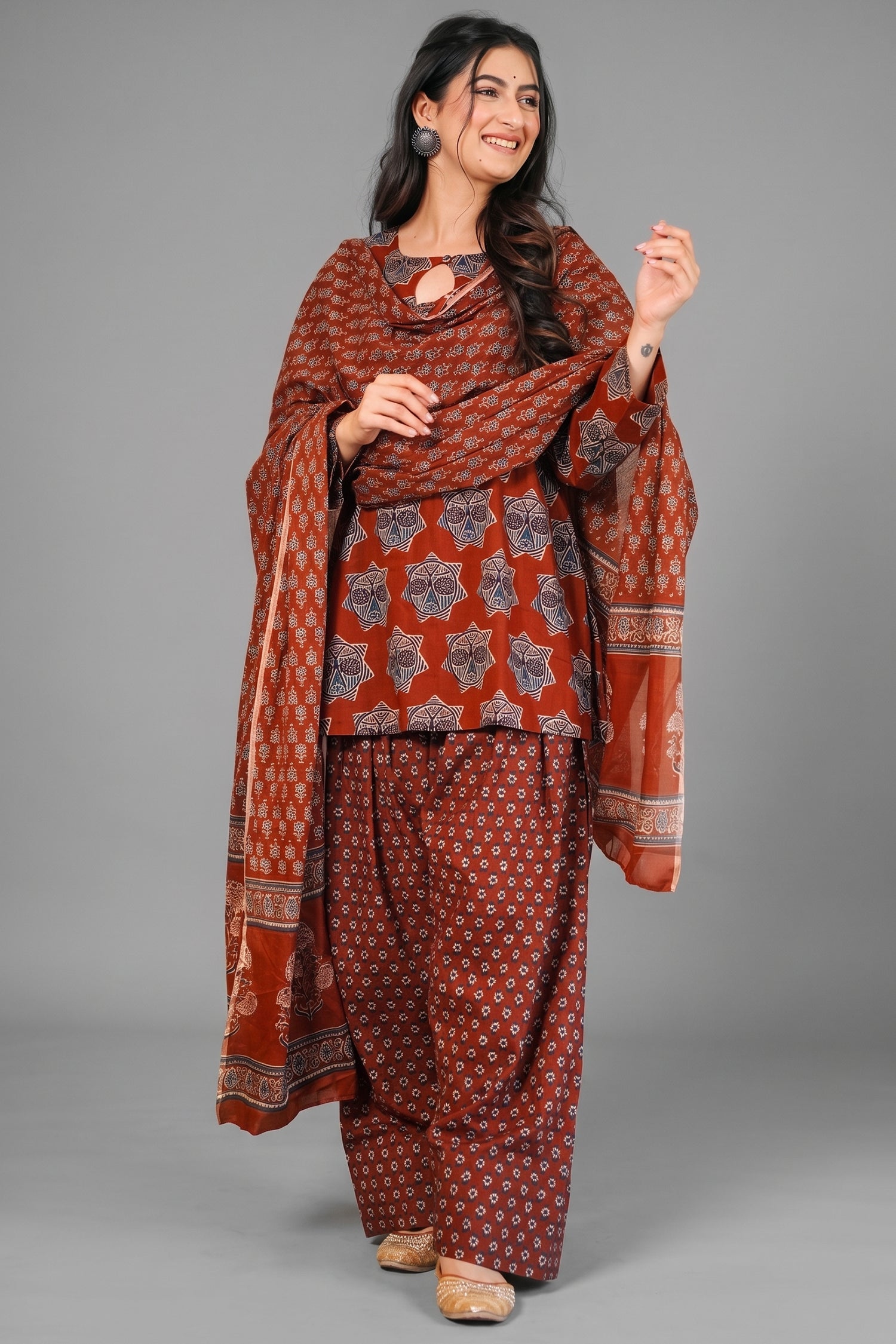 Rust Maroon Traditional Geometric Block Printed Cotton Kurta Set