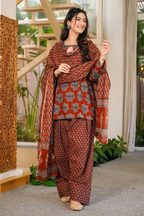 Rust Maroon Traditional Geometric Block Printed Cotton Kurta Set