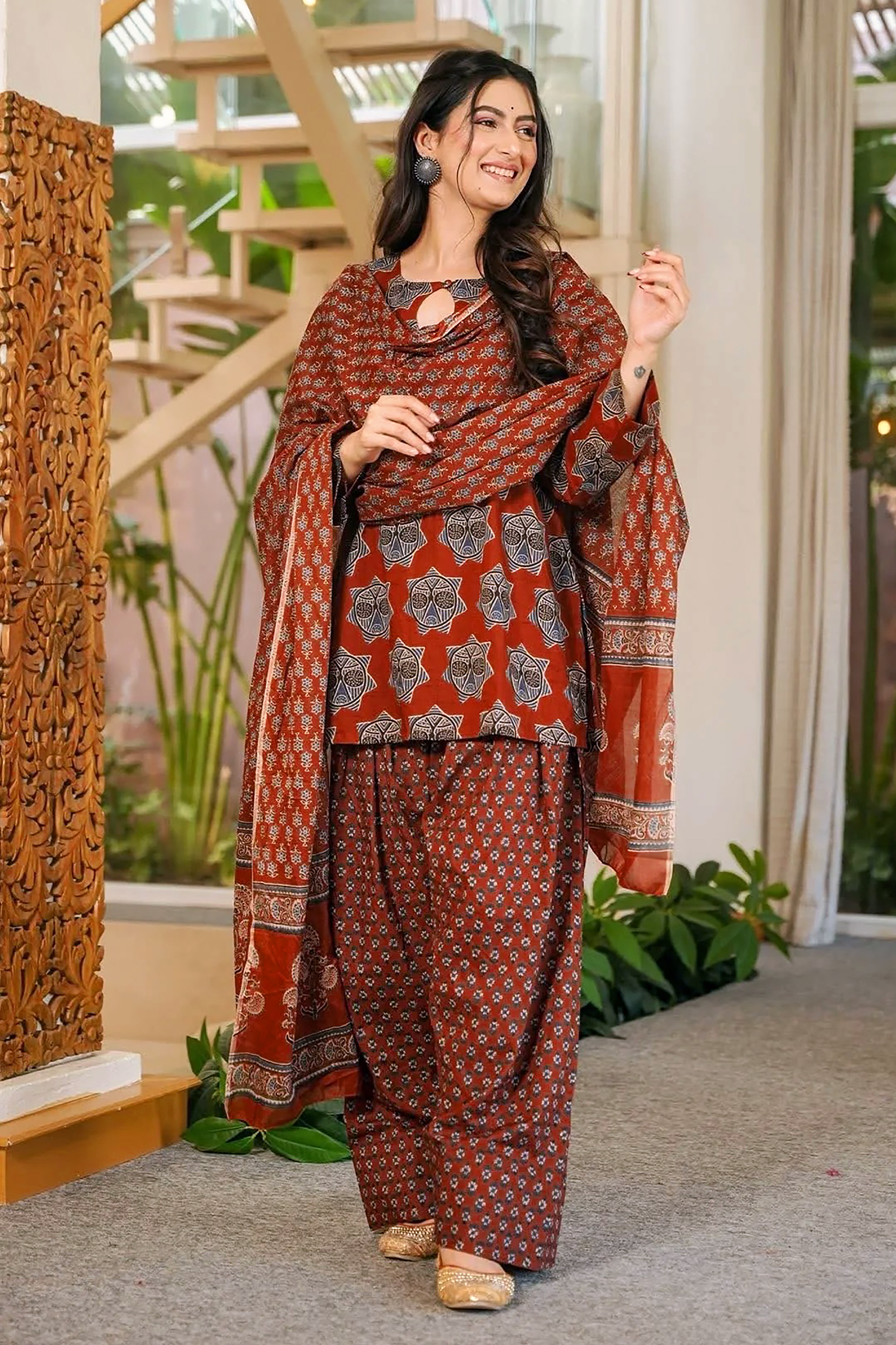 Rust Maroon Traditional Geometric Block Printed Cotton Kurta Set