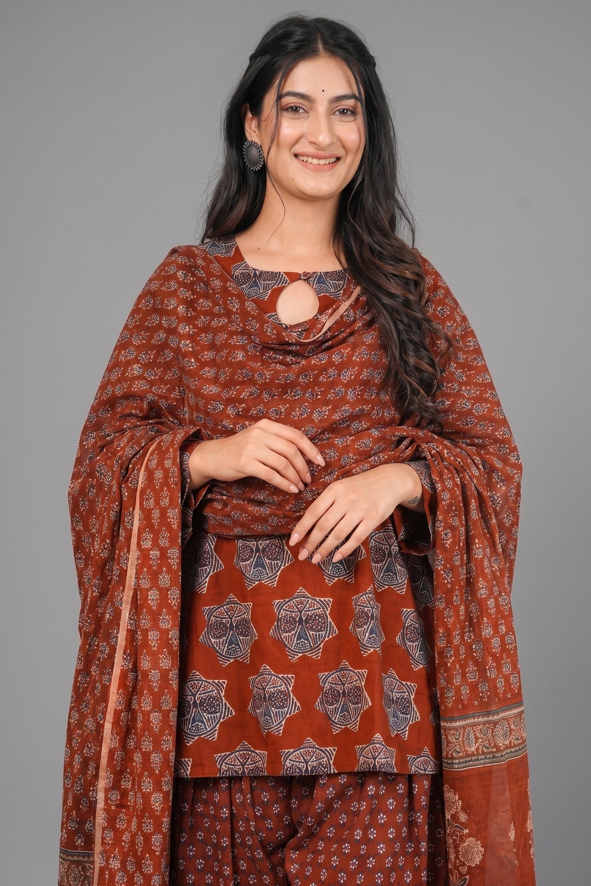 Rust Maroon Traditional Geometric Block Printed Cotton Kurta Set