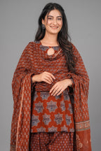 Rust Maroon Traditional Geometric Block Printed Cotton Kurta Set
